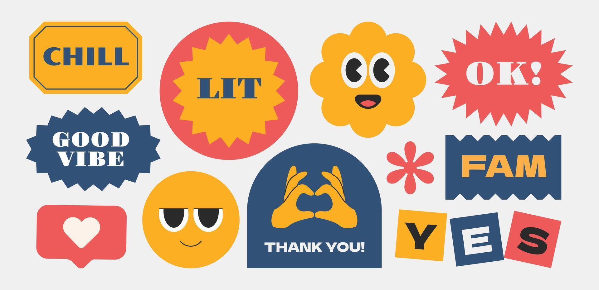 Trendy Stickers with Y2K Cool Style. Groovy Vintage Tags and Labels vector