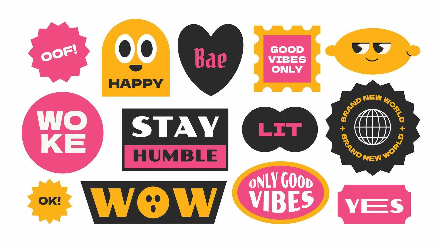 Vintage Stickers Collection. Trendy Y2K Style with Gen Z and Millennials Quotes vector