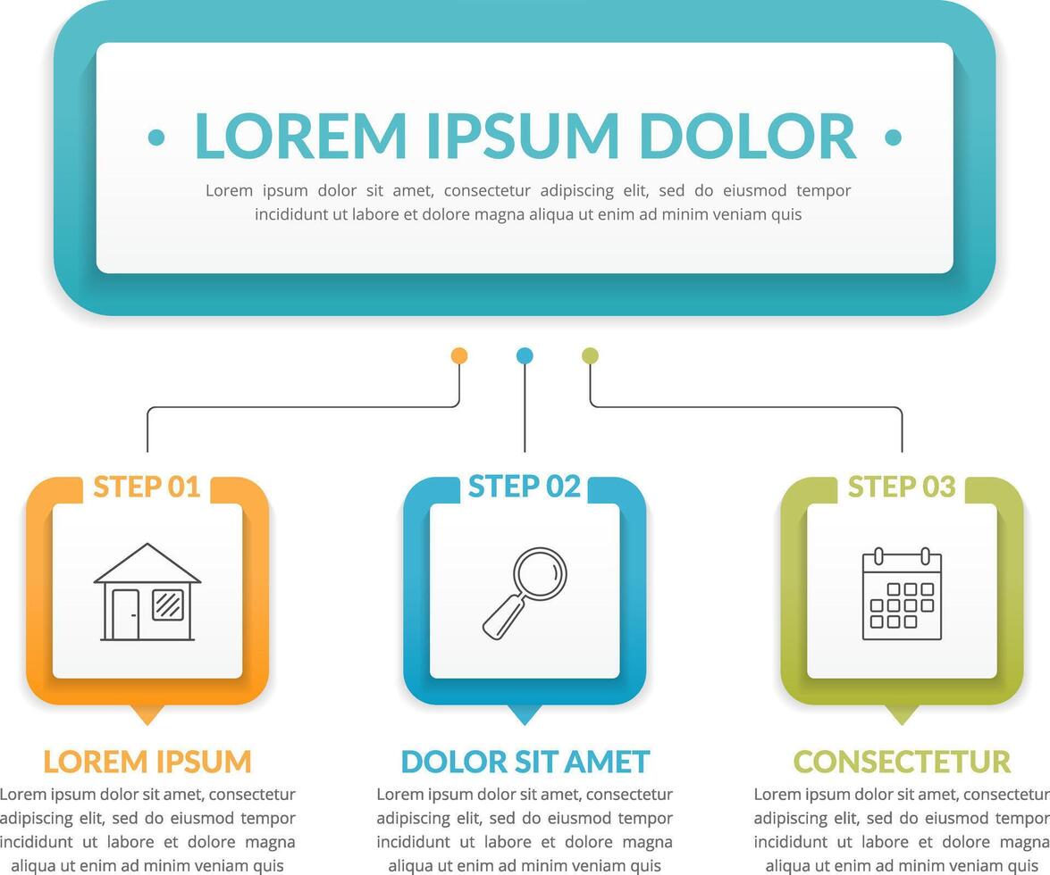 Infographic template with main idea and 3 steps or options, workflow, process chart vector