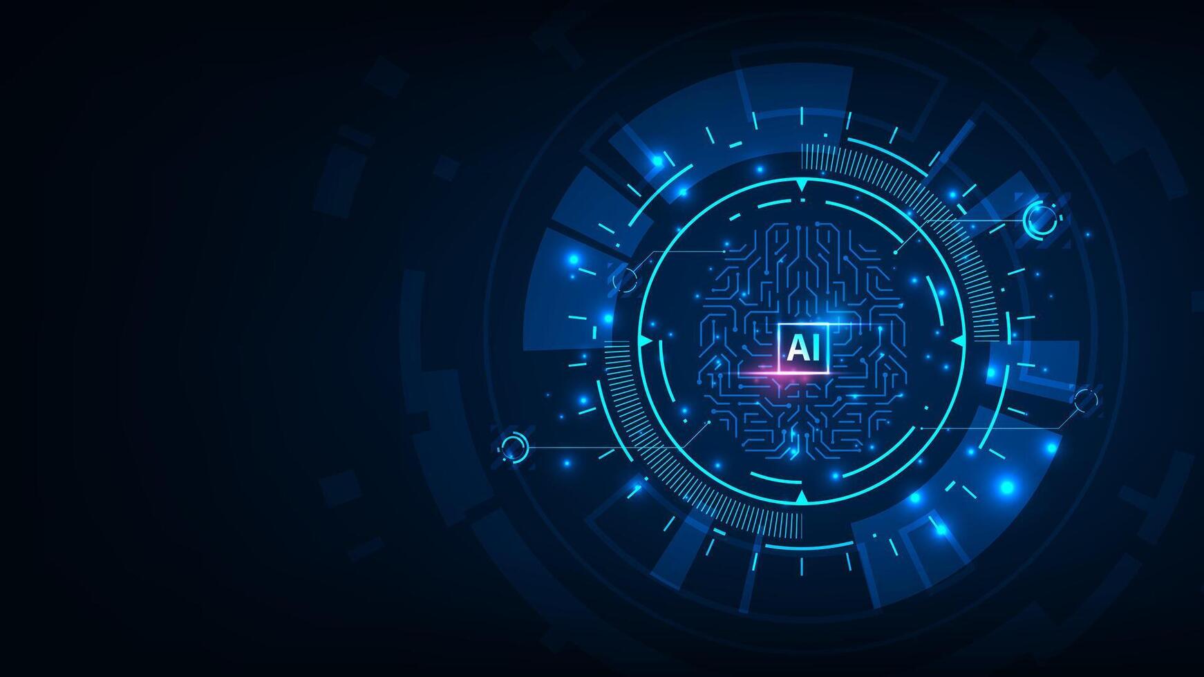 Artificial intelligence hardware microchip concept. Giowing connection hologram line brain. Technology abstract background. vector