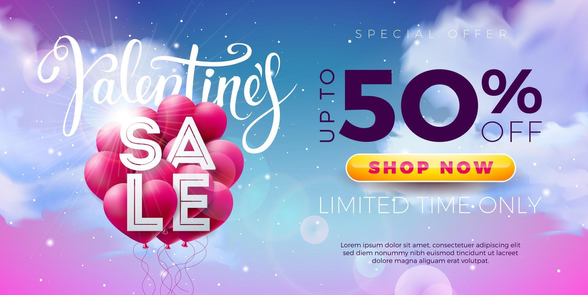 Valentine's Day Sale Banner Design with Red Heart Balloon and Typography Lettering on Cloudy Sky Background. Holiday Business Illustration with Special Offer Elements for Coupon, Voucher, Flyer vector