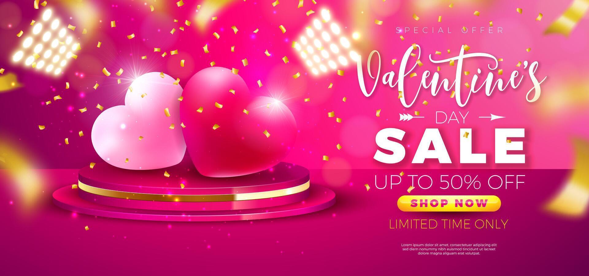 Valentine's Day Sale Banner Design with Stage Podium and Glowing Light Bulb Billboard on red Background. Holiday Business Illustration with Special Offer Elements for Coupon, Voucher, Flyer vector