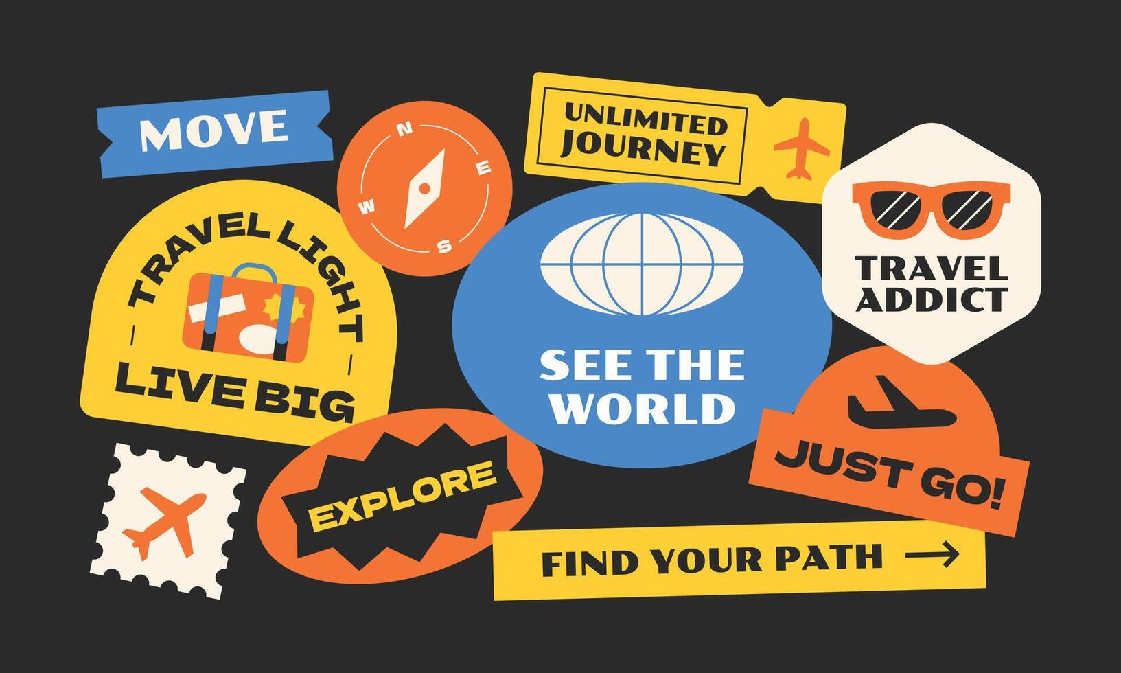 Vintage and Cool Travelling Symbols Set of Stickers, Patches, Stamps, and Badges vector