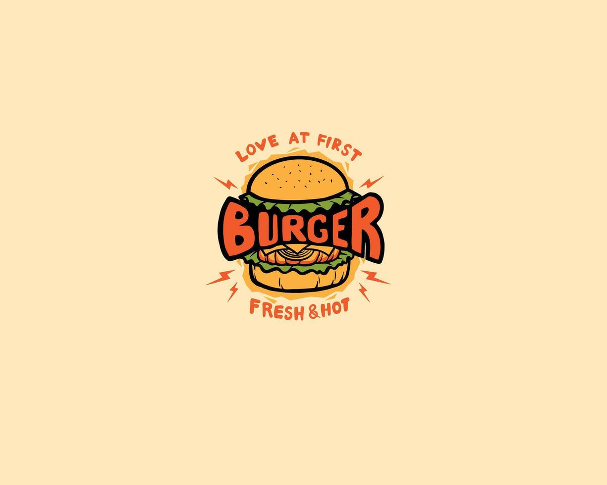 love at first burger fresh and hot typography vector
