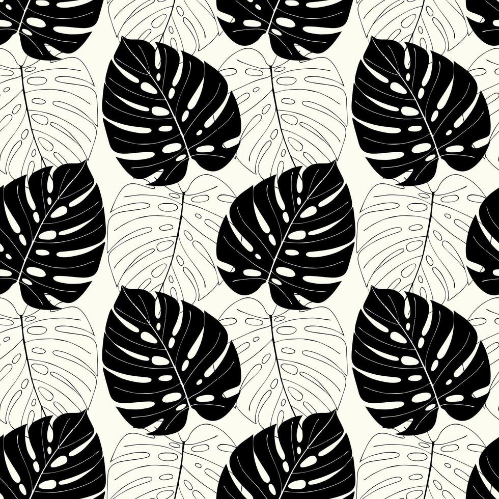 Monstera leaf pattern, dark contour and silhouette leaves monstera on beige background. vector