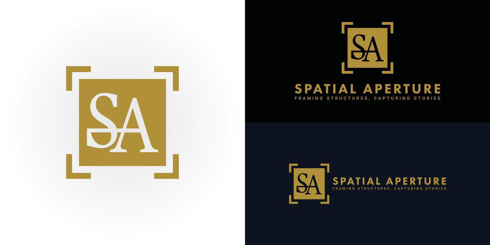 The minimalist and modern logo design features the gold initials S and A elegantly intertwined within a square frame. The logo is ideal for architectural photography logo design inspiration template vector