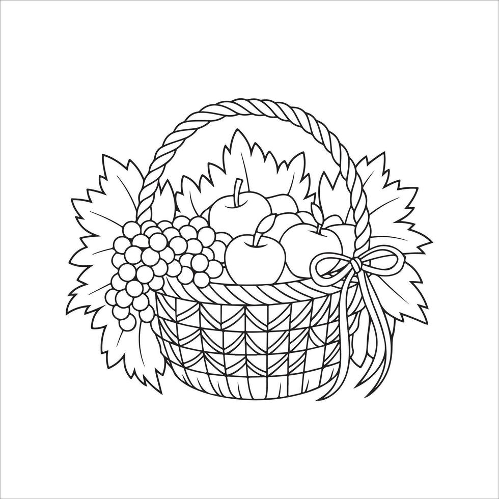 Basket full of fruits outline coloring page. Thanksgiving hand drawn colouring vector
