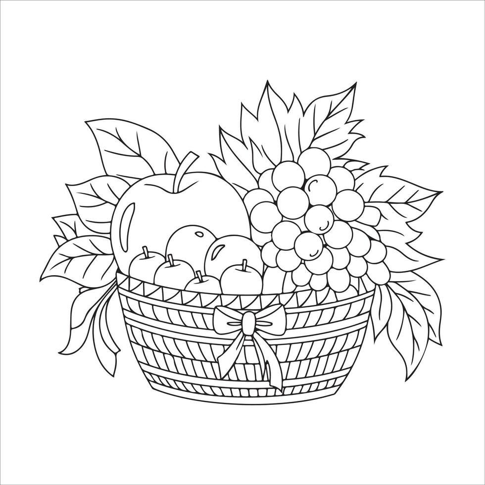 Fruit basket black and white basket with apples, grapes and leaves. Funny line fruit illustration isolated on white background vector