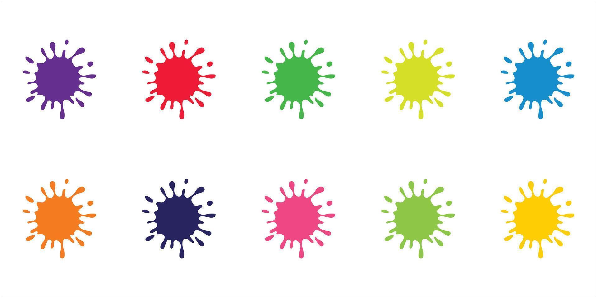 Paint splatter colorful set. Round splash flat collection, decorative shapes liquids. Different splashes and drops, cartoon spatters. Stain colored ink collection. Isolated illustration vector
