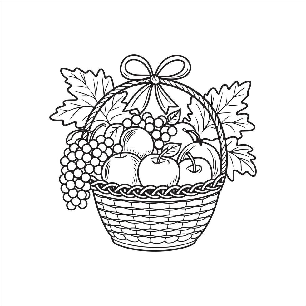 Basket full of fruits and vegetables outline coloring page. Thanksgiving hand drawn colouring vector