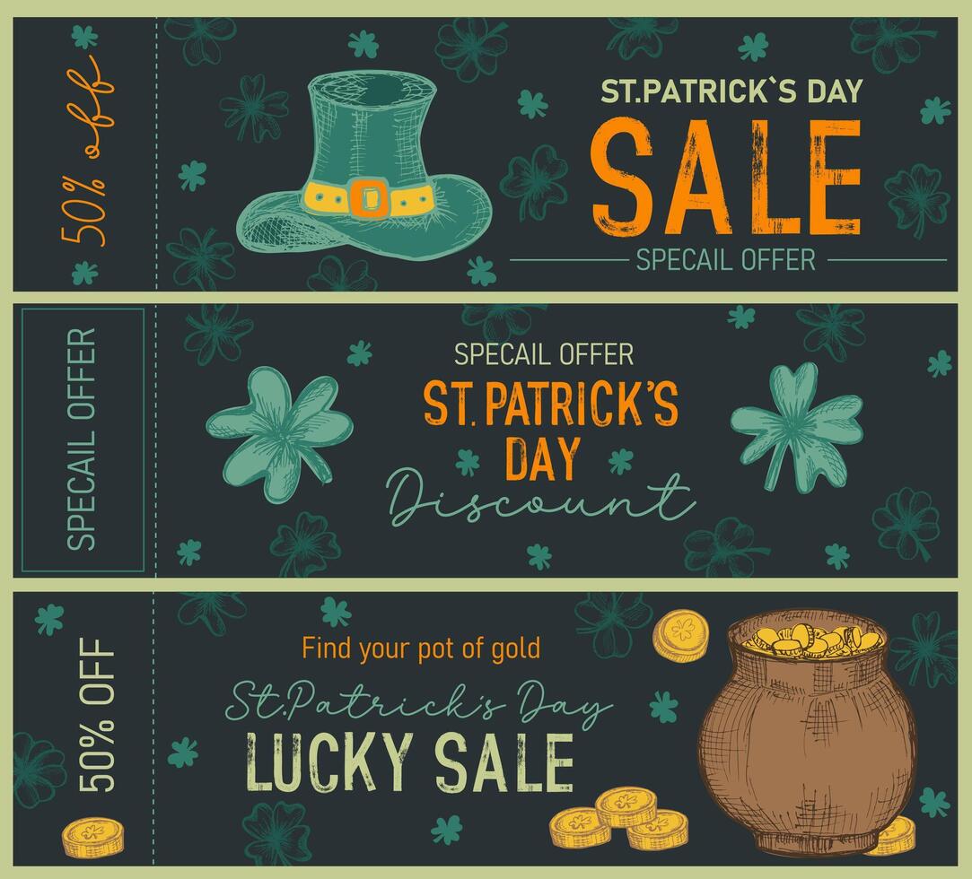 Set of trendy templates for St Patrick's day sale. Great for advertising, banners, leaflets and flyers vector