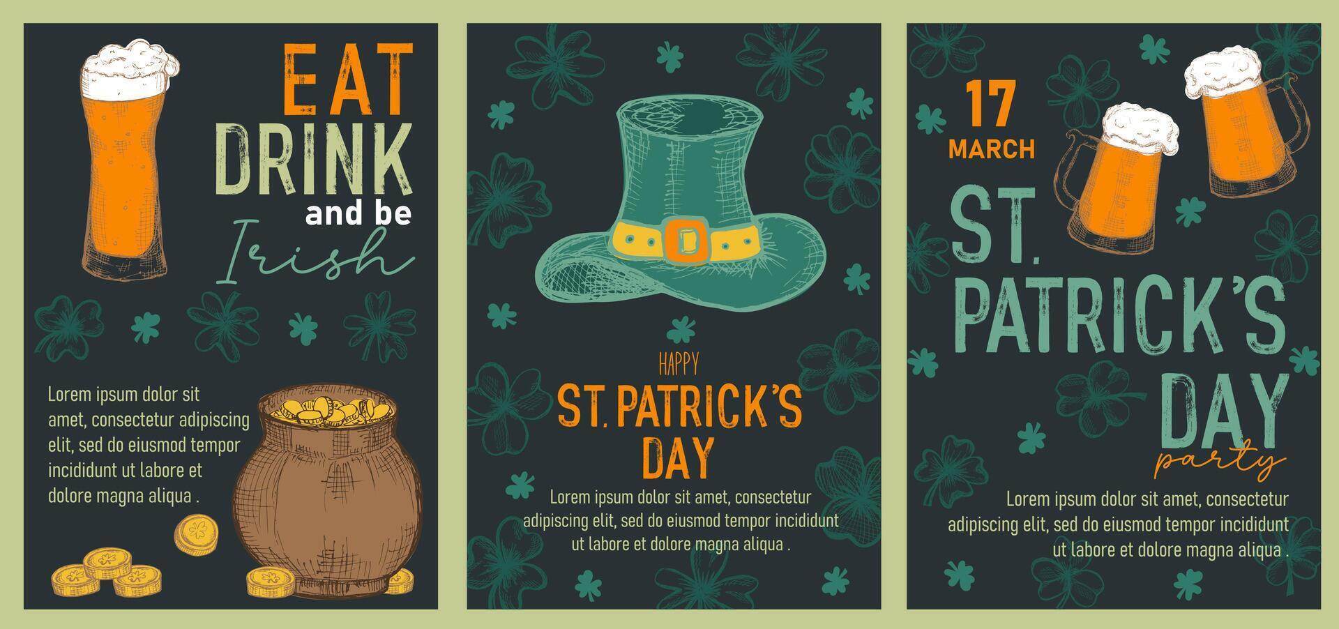 Set of trendy templates for Happy St Patrick's day with clovers, leprechaun hat, beer mugs. Great for invitation, greeting cards, flyers, banners and posters. vector