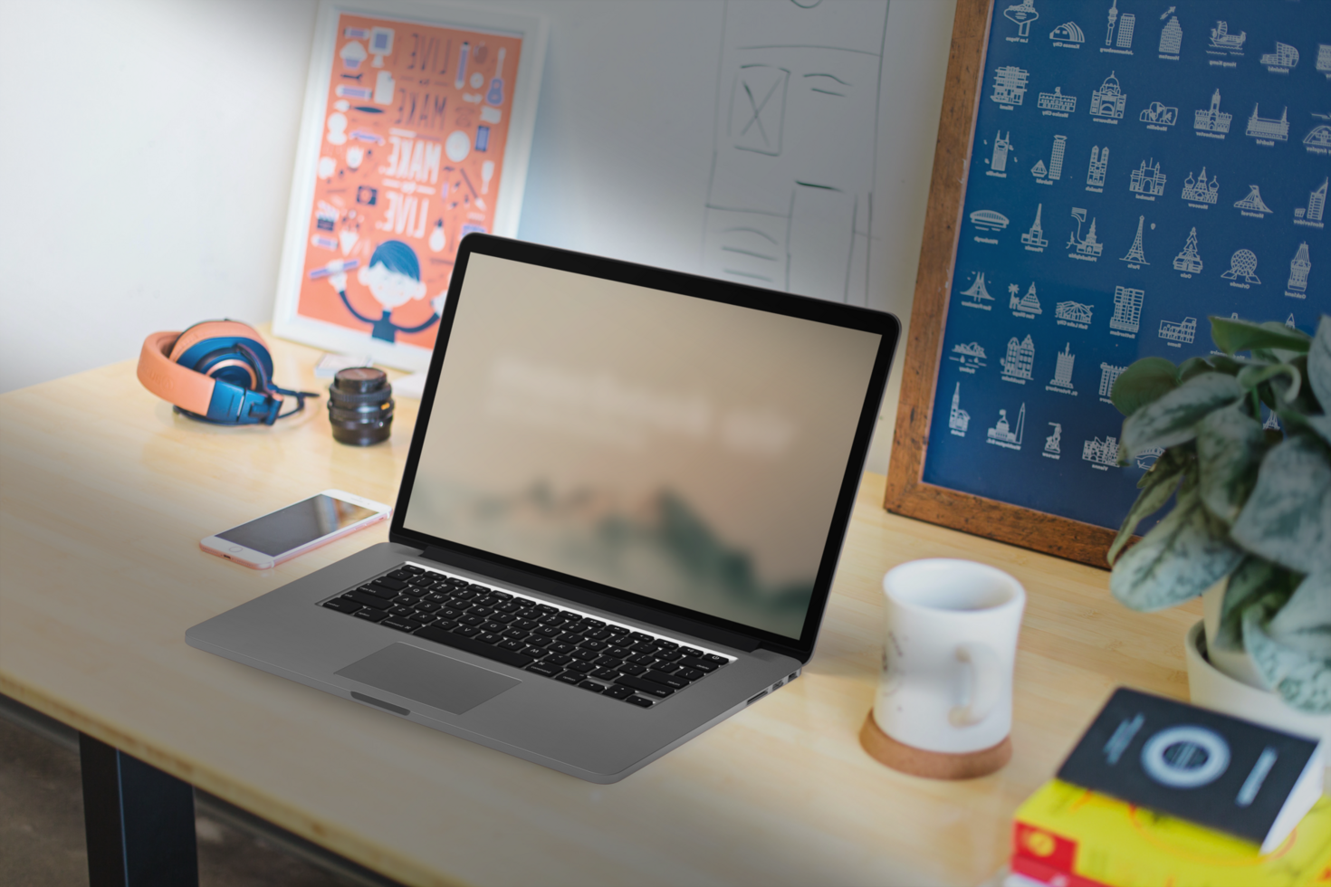 Laptop in Work Desk Mockup Template psd
