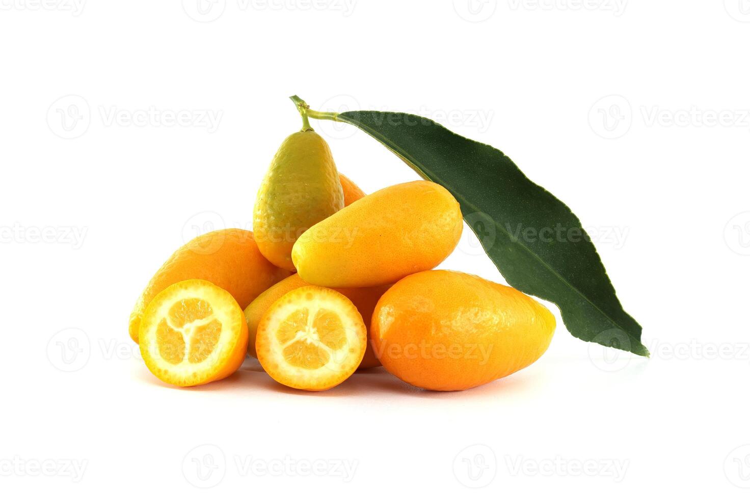 Fresh kumquats with leaf on white background photo