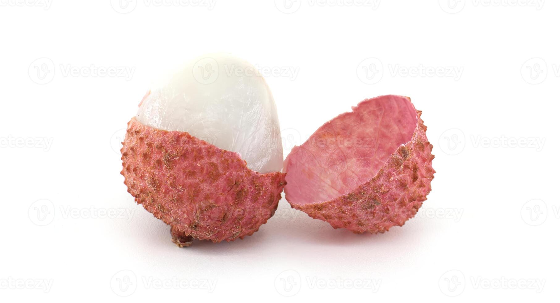 Fresh Lychee Fruit Halves on White Background photo