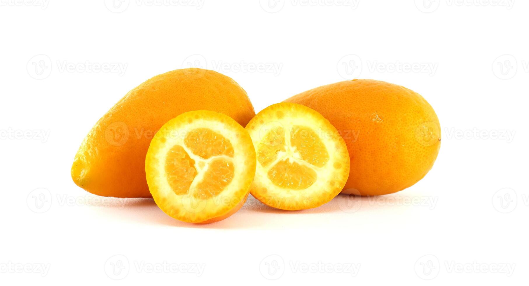 Fresh Kumquats and Halved Slices Displayed on a White Background photo