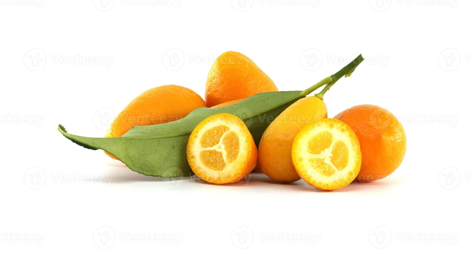 Fresh Kumquat Fruits with Green Leaves Isolated on White Background photo