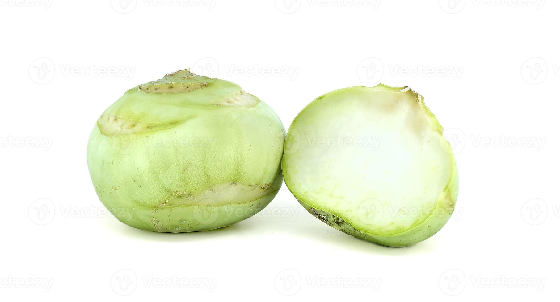 Fresh Green Kohlrabi Whole and Cut on White Background photo
