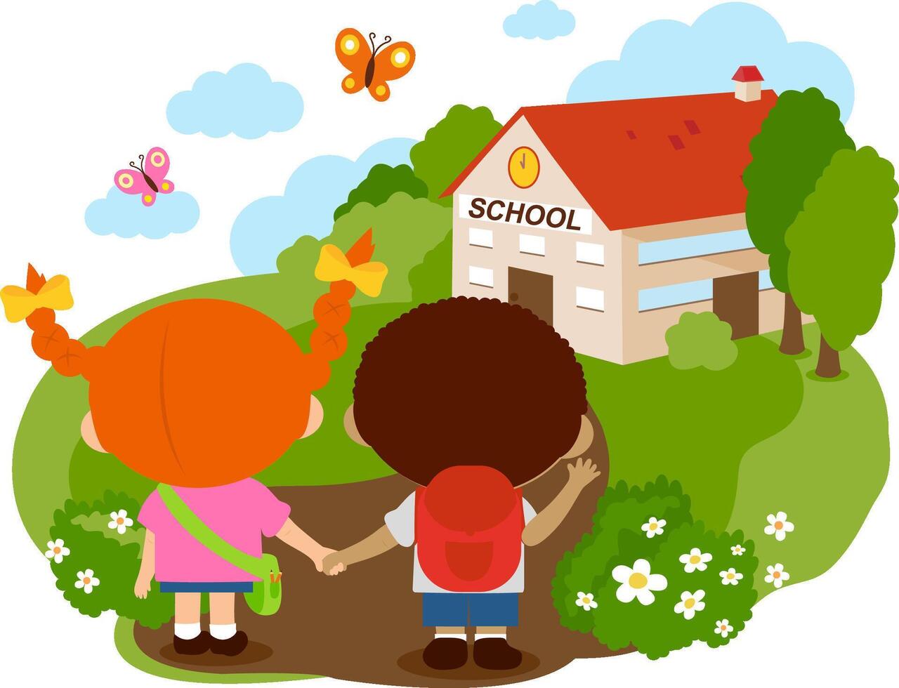 Children at their school or kindergarten schoolyard. Back view of a girl and a boy students holding hands outside their school. vector