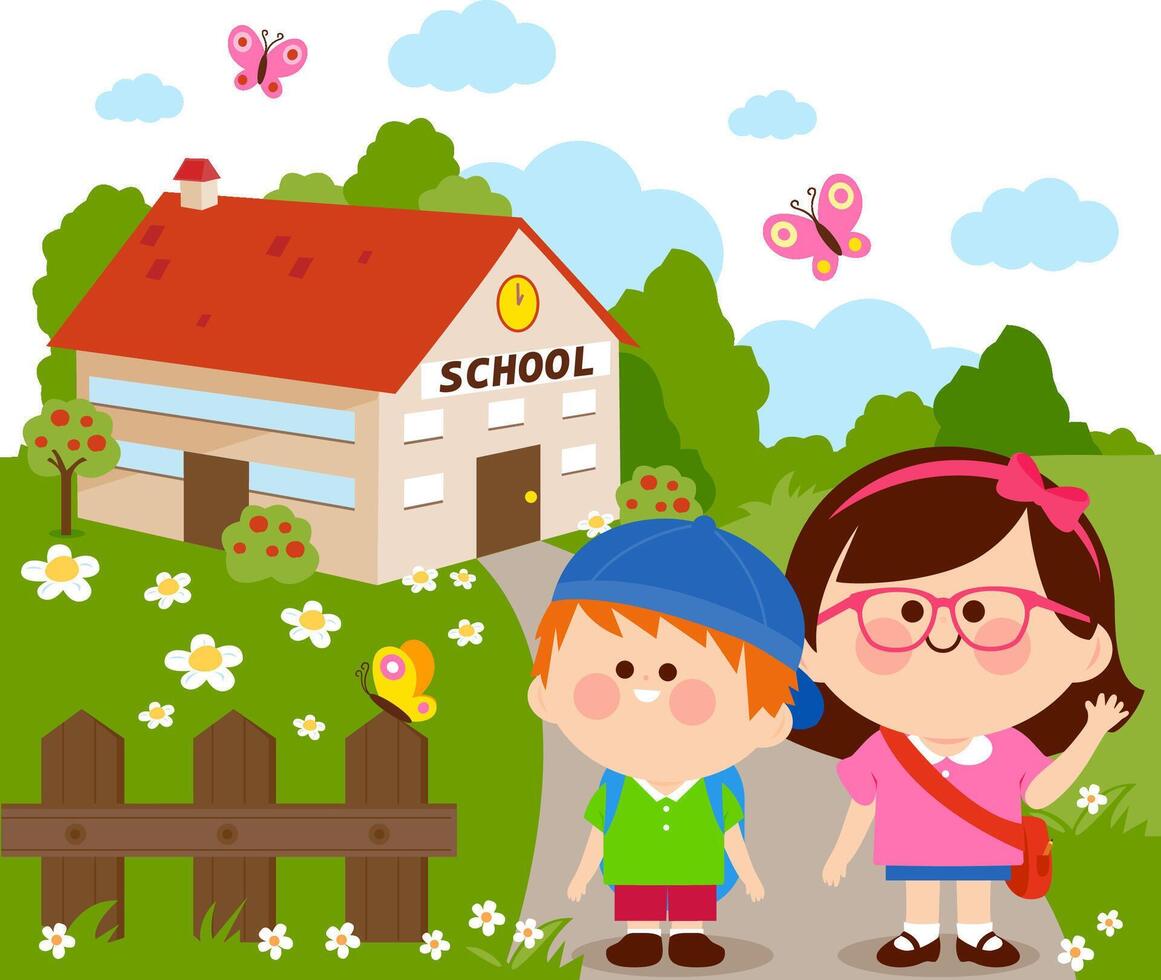 Little children at the school, a girl and a boy. Students at the schoolyard in front of the school building. vector