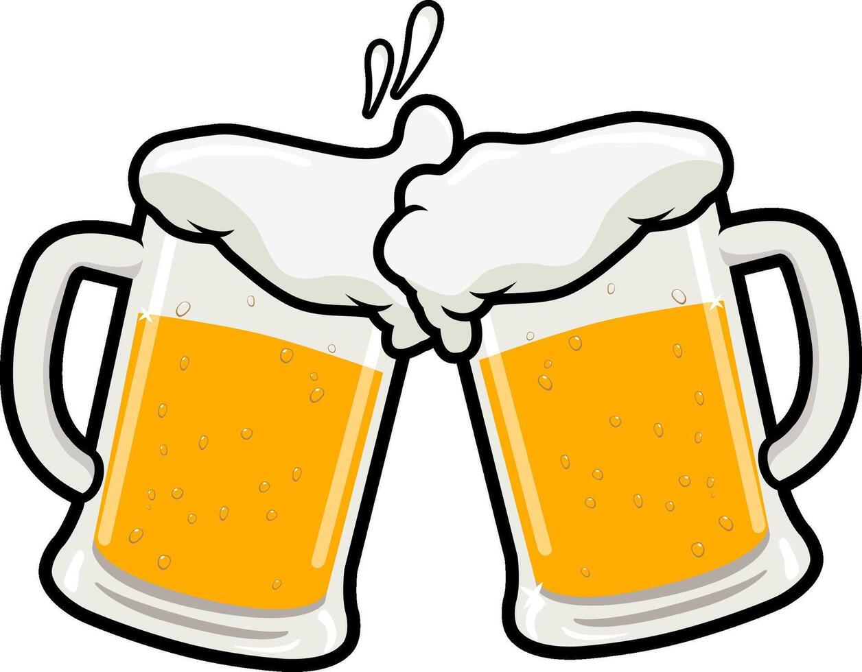 Two beer mugs toasting, cheers. Beer festival fun at the bar or pub. Clinking glasses full of beer and splashed foam. vector