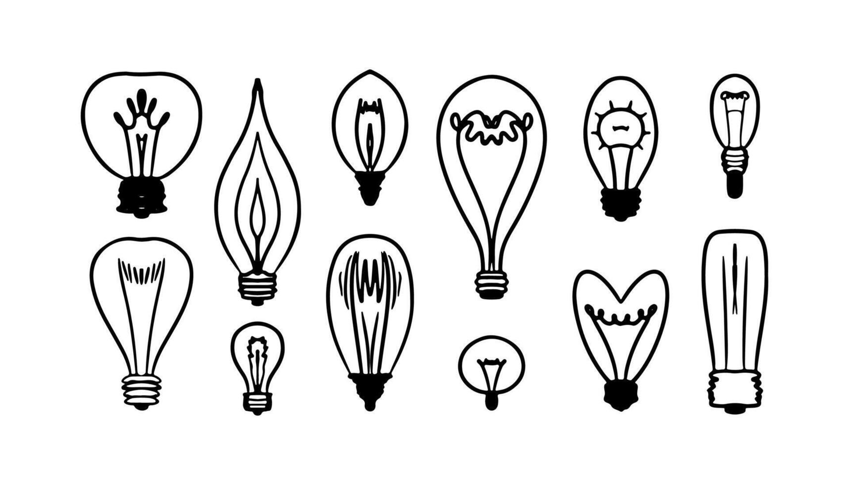 Doodle bulb light. Hand drawn lamp set. idea art. vector