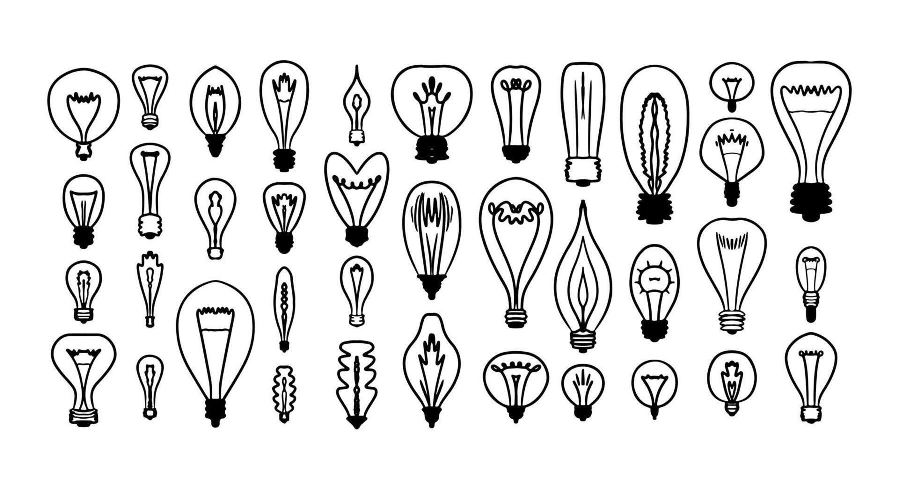Doodle bulb light. Hand drawn lamp set. idea art. Electric element vector