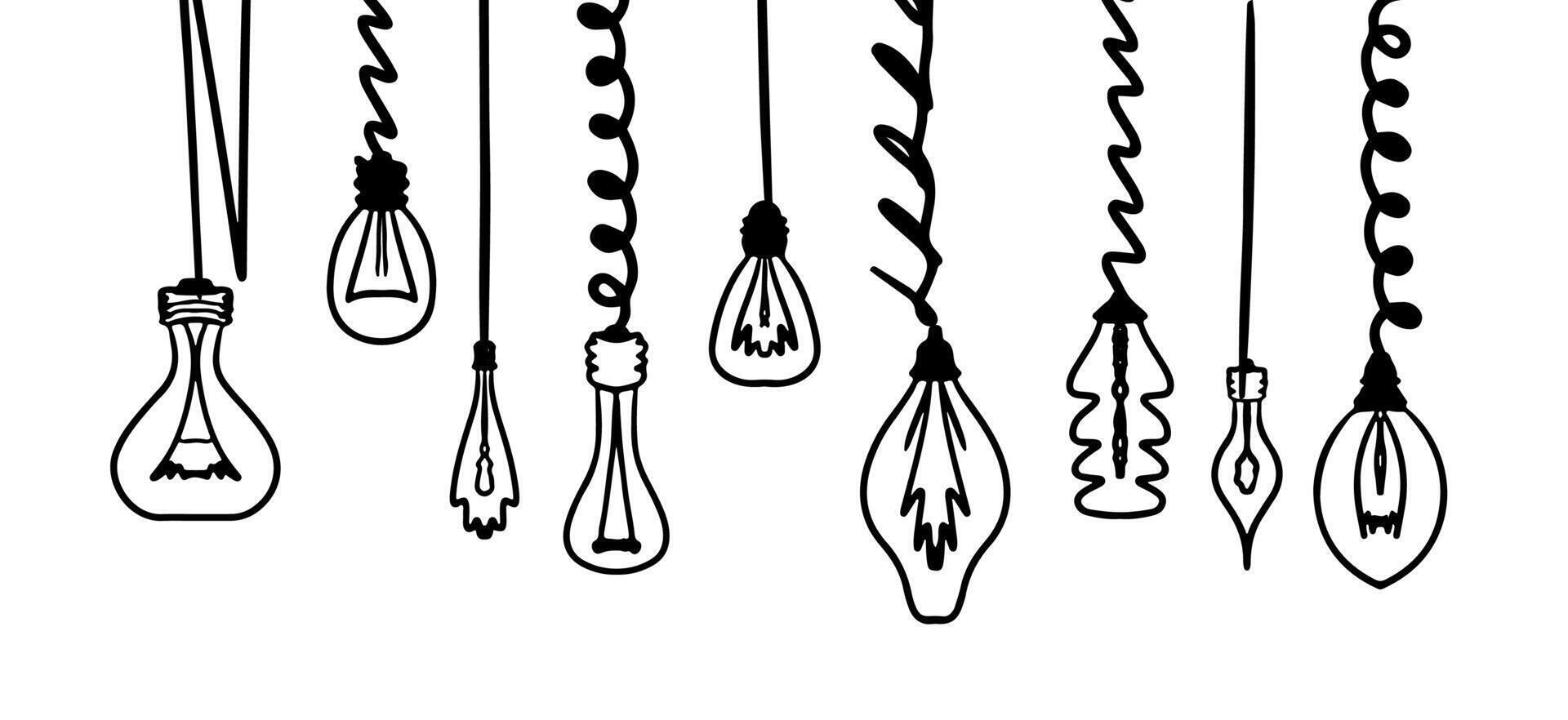 Set of doodle electric light bulb or lamp bulb. Hand draw idea symbol collection. illustration. vector