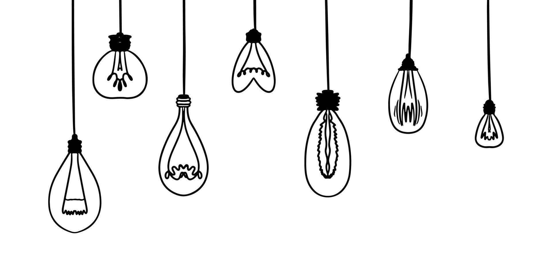 Doodle electric light bulb or lamp bulb on wire. Handdrawn idea symbol collection. Lamp set. idea art illustration. vector