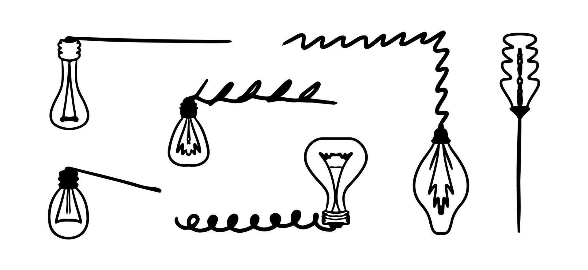 Doodle electric light bulb or lamp bulb. Hand drawn idea symbol collection. Lamp set. idea art. illustration. vector