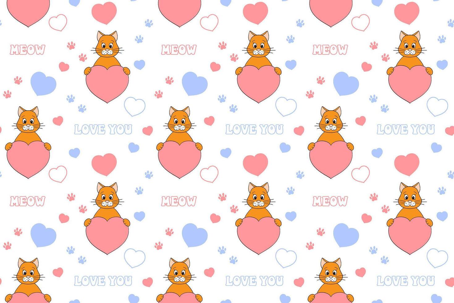 Cute Valentine's Day seamless pattern with cat, heart, paw prints and lettering. Festive design for wrapping paper, fabric, wallpaper, cards. illustration3 vector