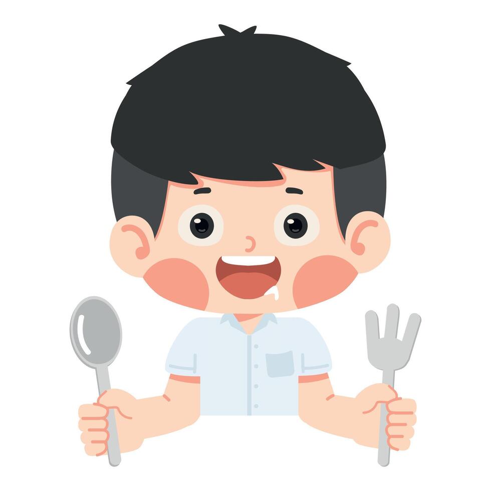 Kid boy student hungry holding a fork and spoon vector