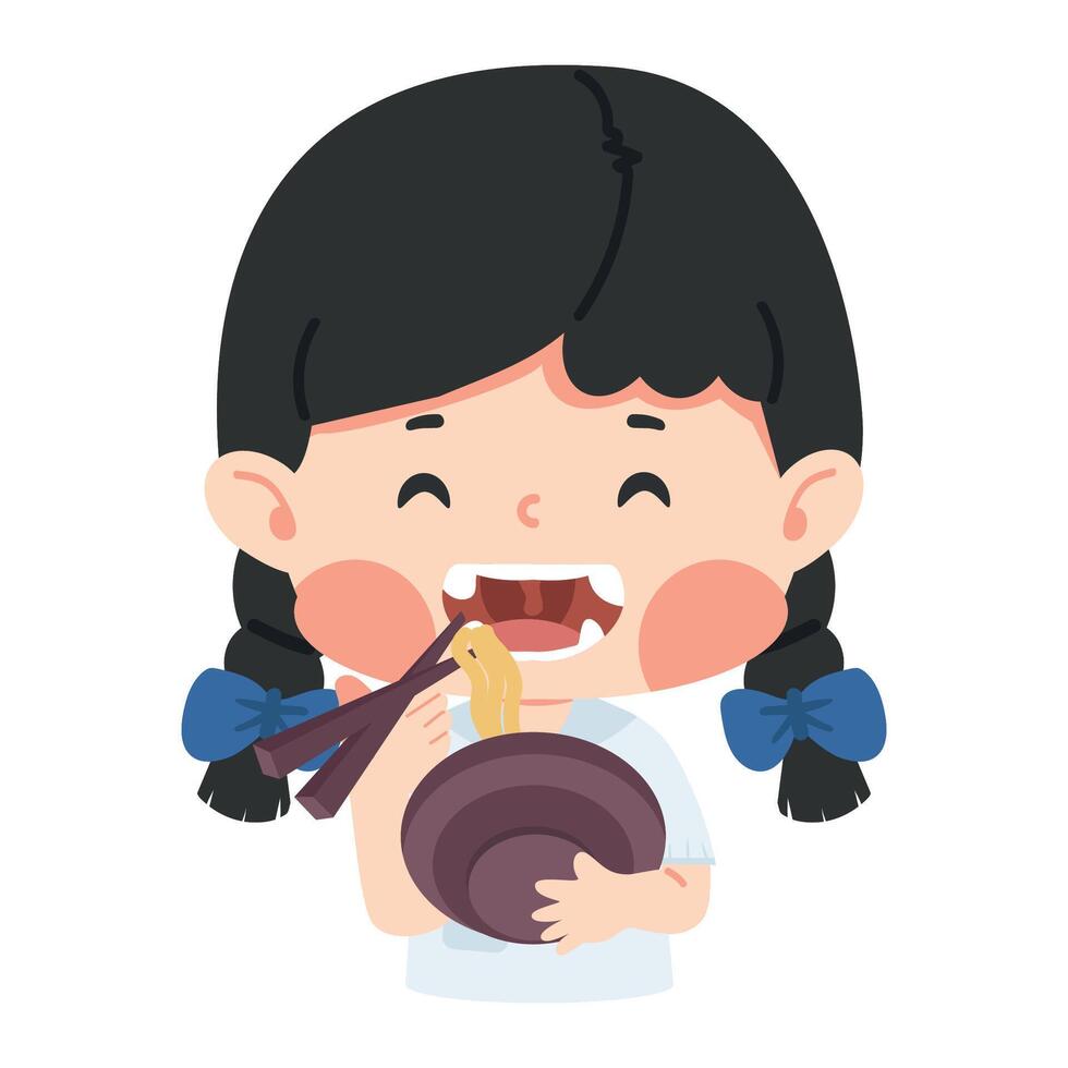 Kid girl eating a bowl of noodle vector