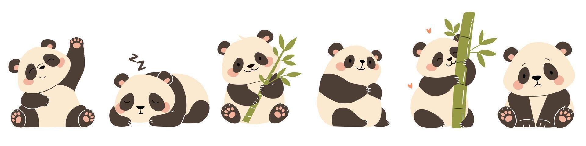 A set of flat illustrations in a simple children's style. Cute pandas in different poses. Sleeping, with bamboo, funny and sad on a white background vector