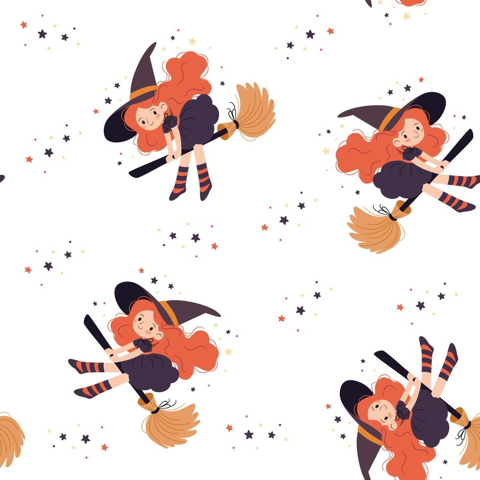 Seamless patter in a simple childish style. Cute witch flying on a broom, stars vector