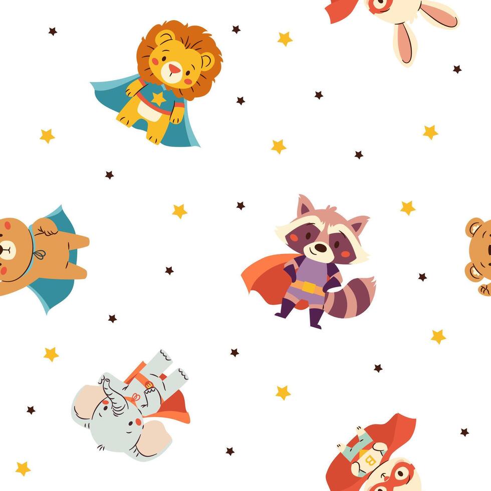 Seamless pattern in a simple childish style. Cute animals in superhero costumes, tiger lion hare raccoon bear vector