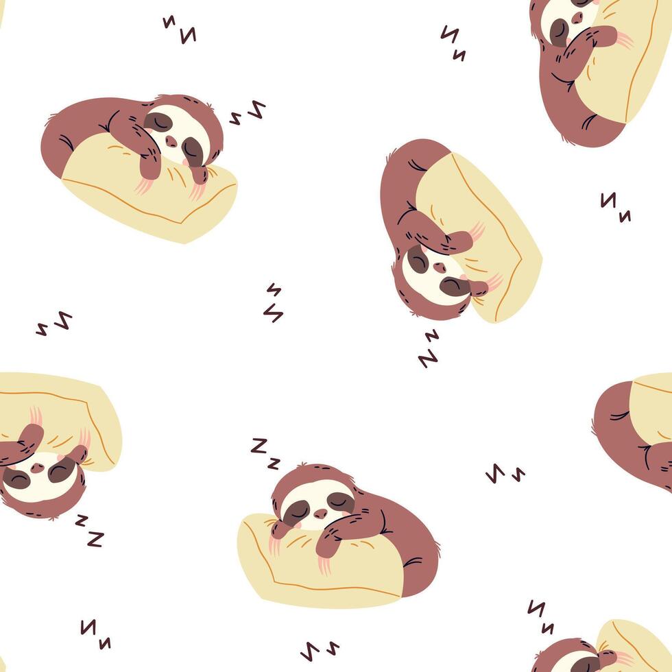 Seamless pattern in a simple childish style. Cute sloth sleeping on a pillow vector