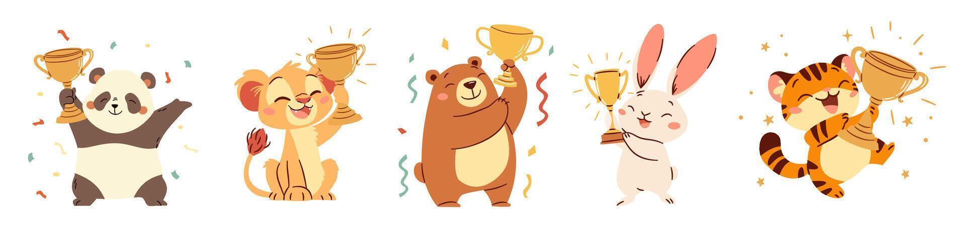 Cute animal winners, panda bunny crocodile tiger lion and bear rejoice and hold winner's cups, confetti. Set of flat illustrations in simple children's style on white background vector