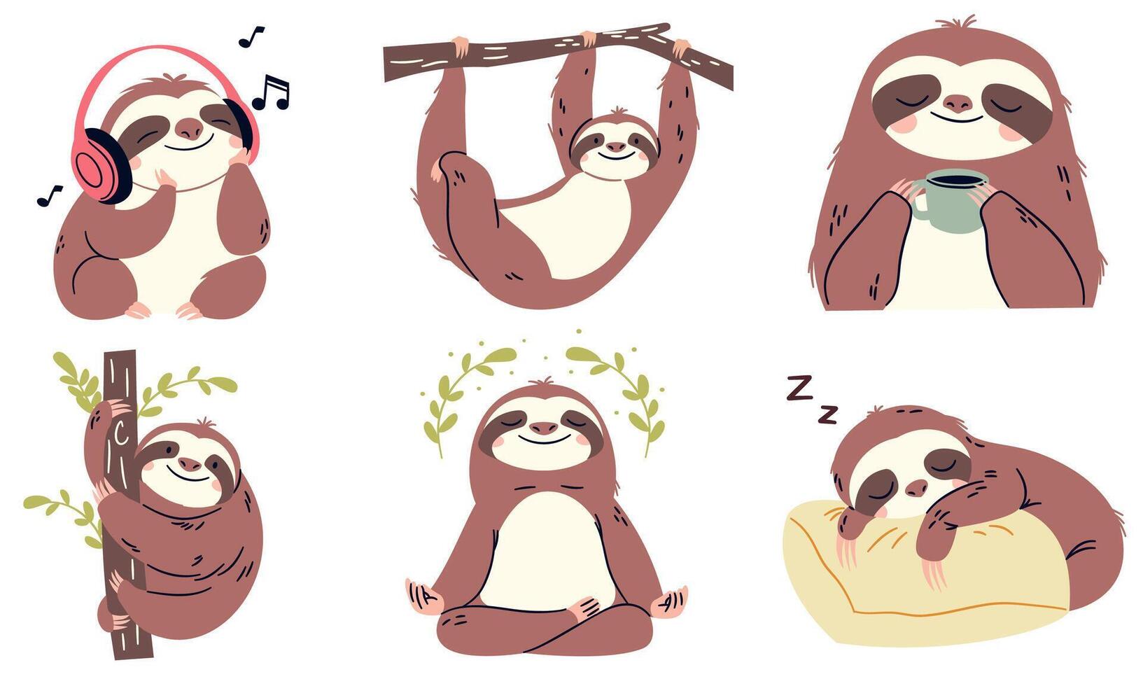 Set of flat illustrations in children's style on white background. Cute sloths in different poses, listening to music, meditating and more vector