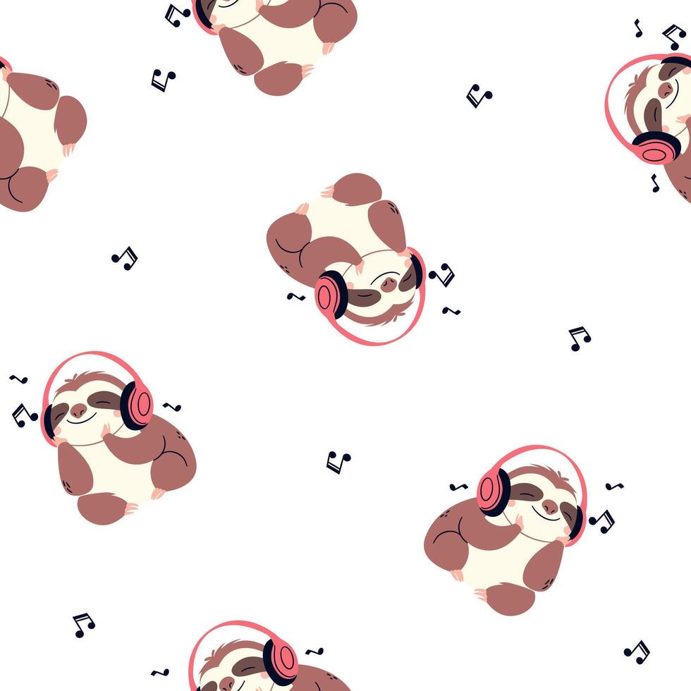 Seamless pattern in a simple childish style. Cute sloth listening to music, notes vector