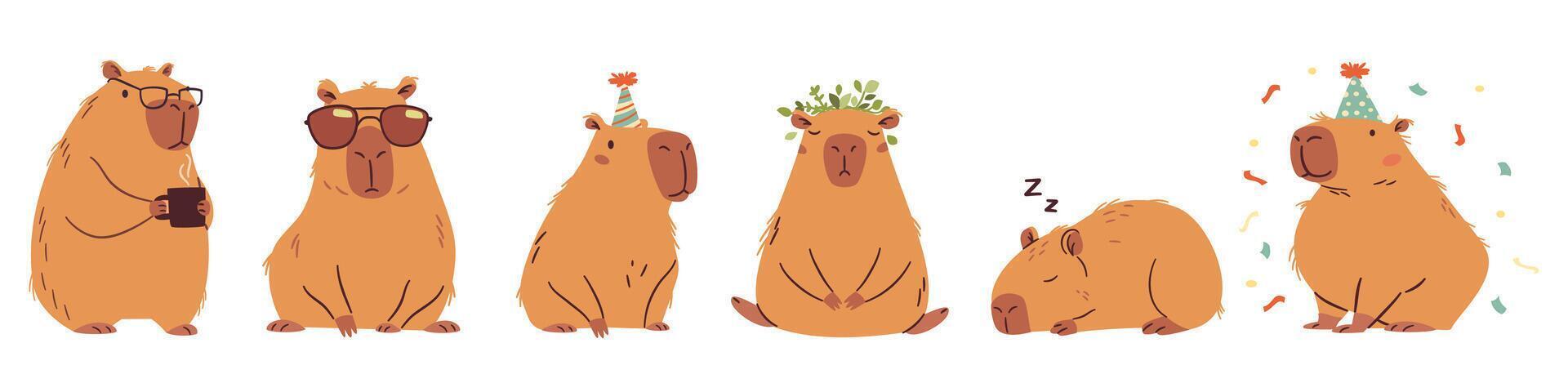 A set of flat illustrations in a simple children's style. Cute capybaras in different poses, meditates, wearing sunglasses, office worker and others vector