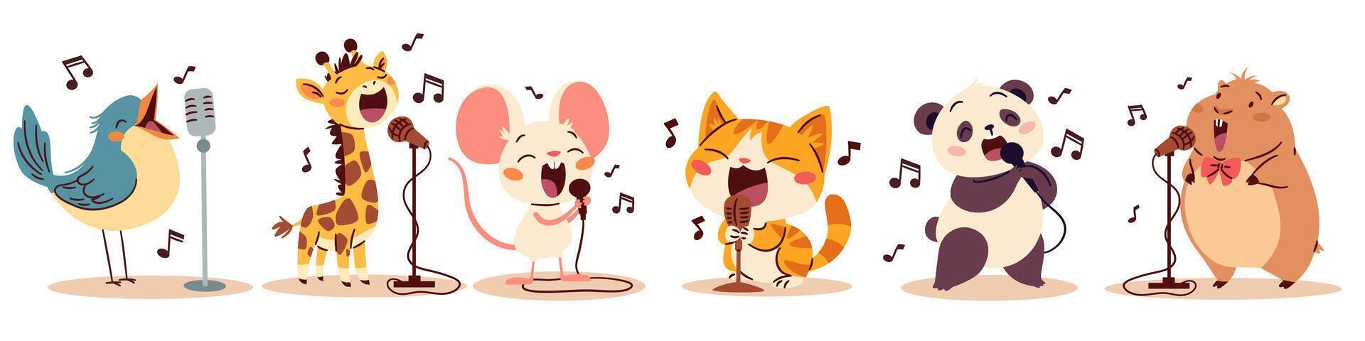 Cute singing animals. Bird kitten hamster panda giraffe mouse singers sing into the microphone. Set of flat illustrations in simple children's style, white background vector