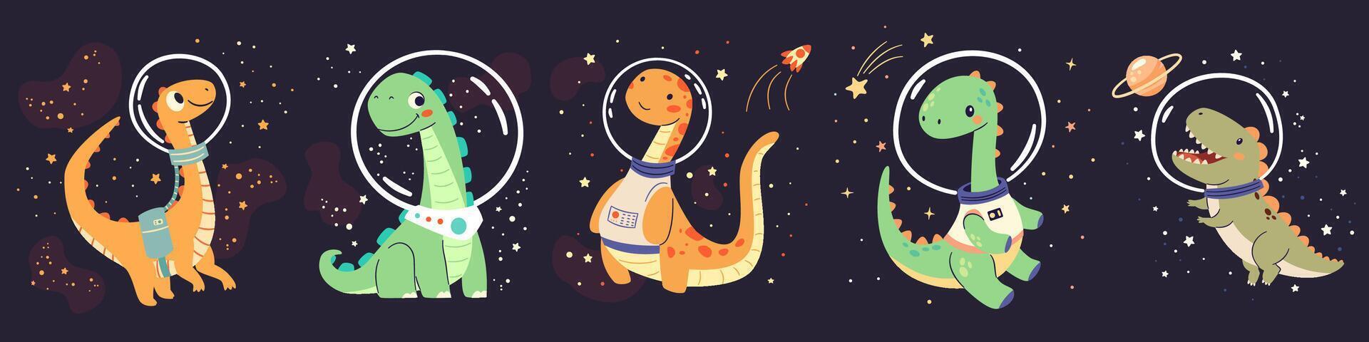 Set of flat illustrations in children's simple style. Cute dinosaurs in spacesuits flying in space vector