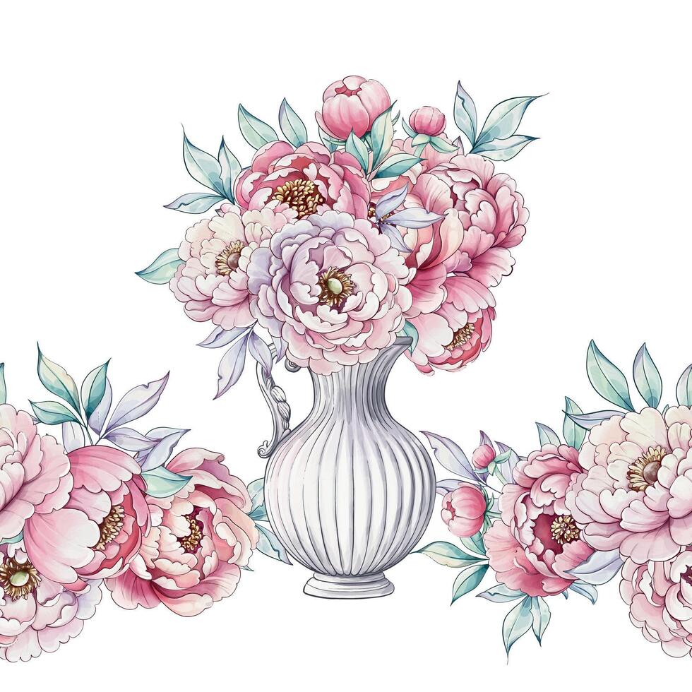 Delicate peonies bloom in soft hues, arranged gracefully in a classic vase, celebrating the charm of nature and artistry. vector