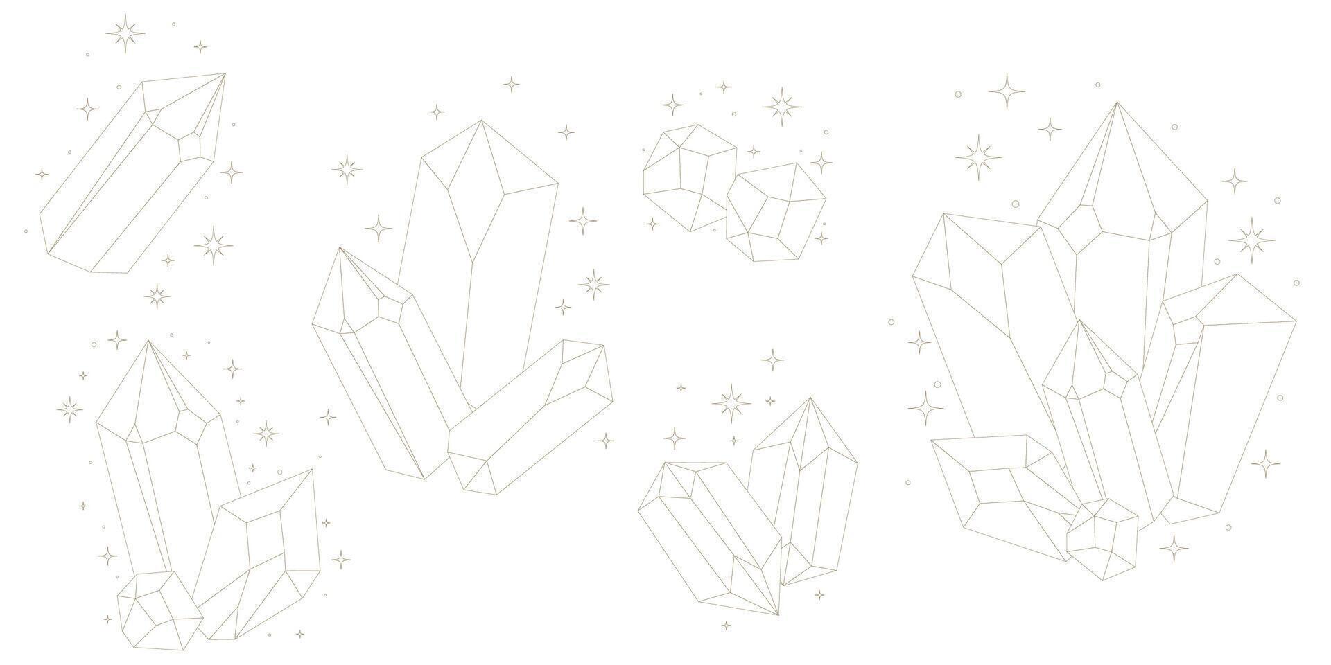 Crystal thin line set. Simple magical crystal black contour symbol. Witchy. vector
