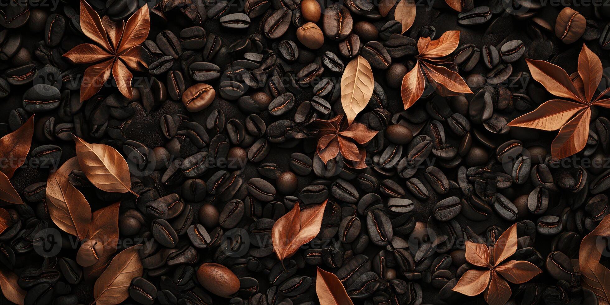 Coffee beans and dried leaves create a rich autumn-inspired pattern on a dark surface in a cozy setting photo