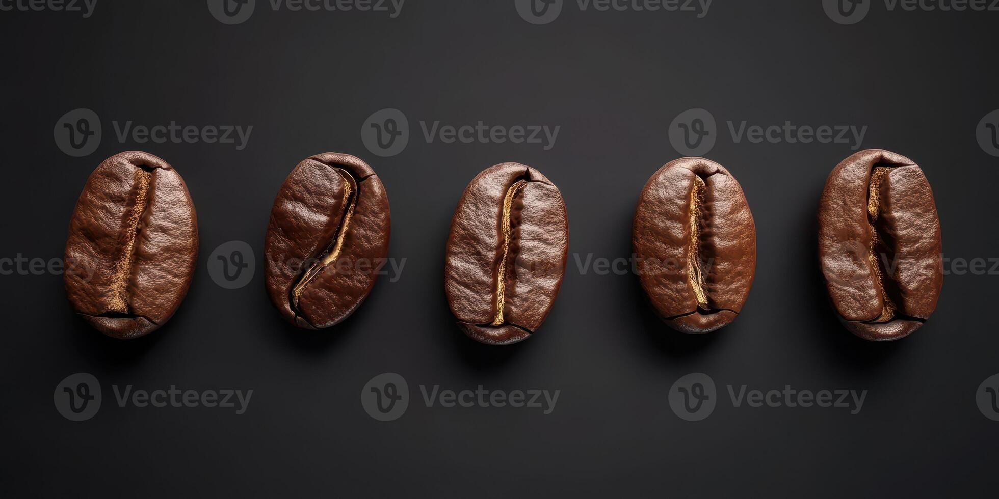 Dark roasted coffee beans arranged on a flat black surface showcasing their rich texture and color photo