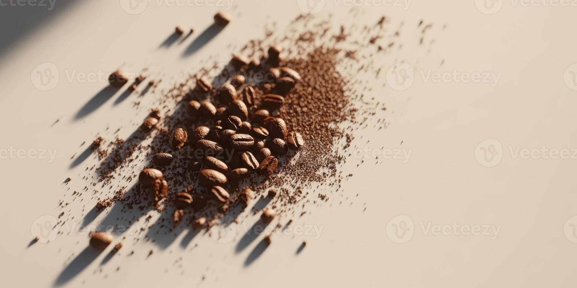 Coffee beans and grounds scattered on a surface in warm light during the morning hours photo