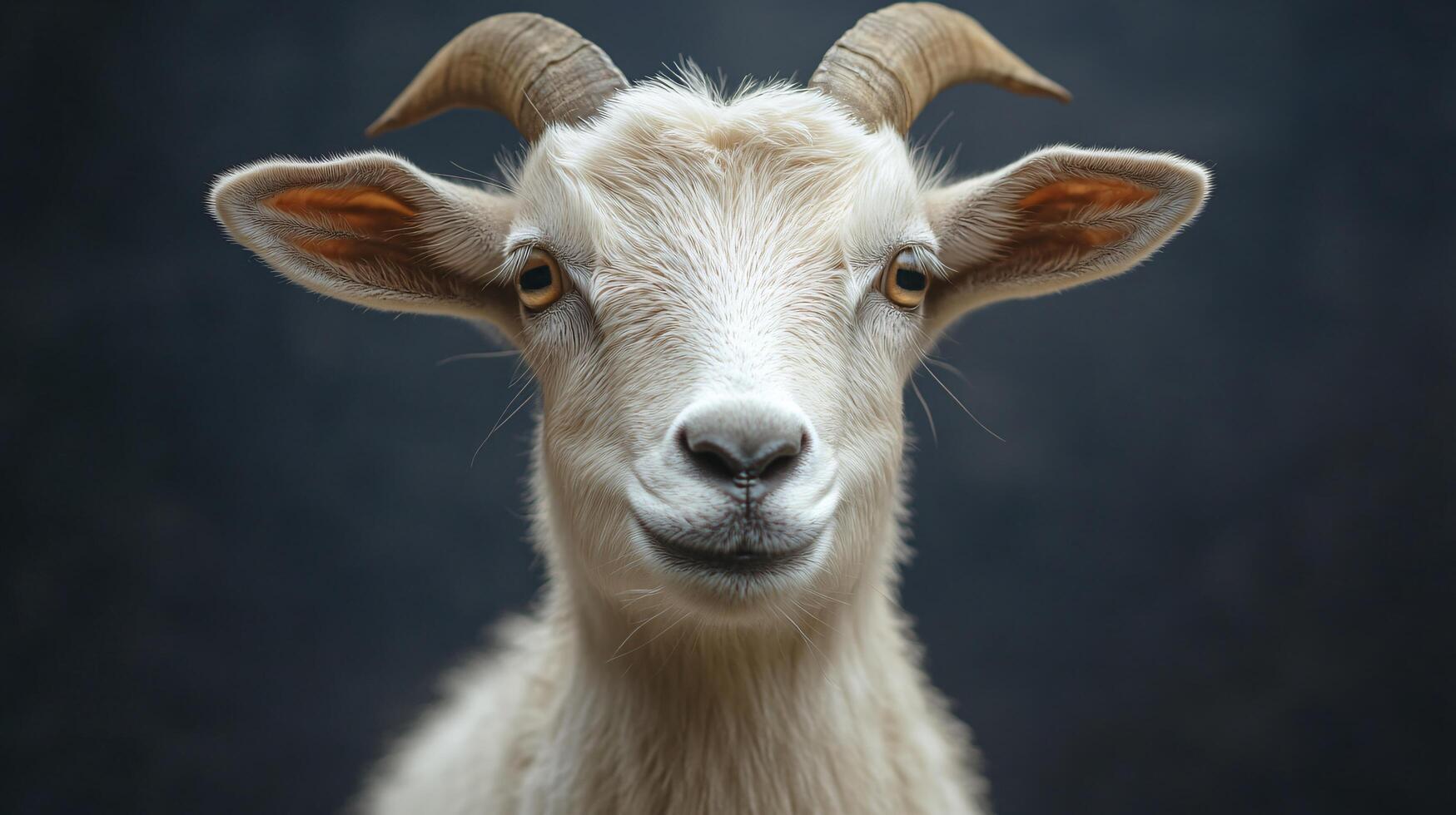 Portrait of a goat with strikingly curved horns. photo