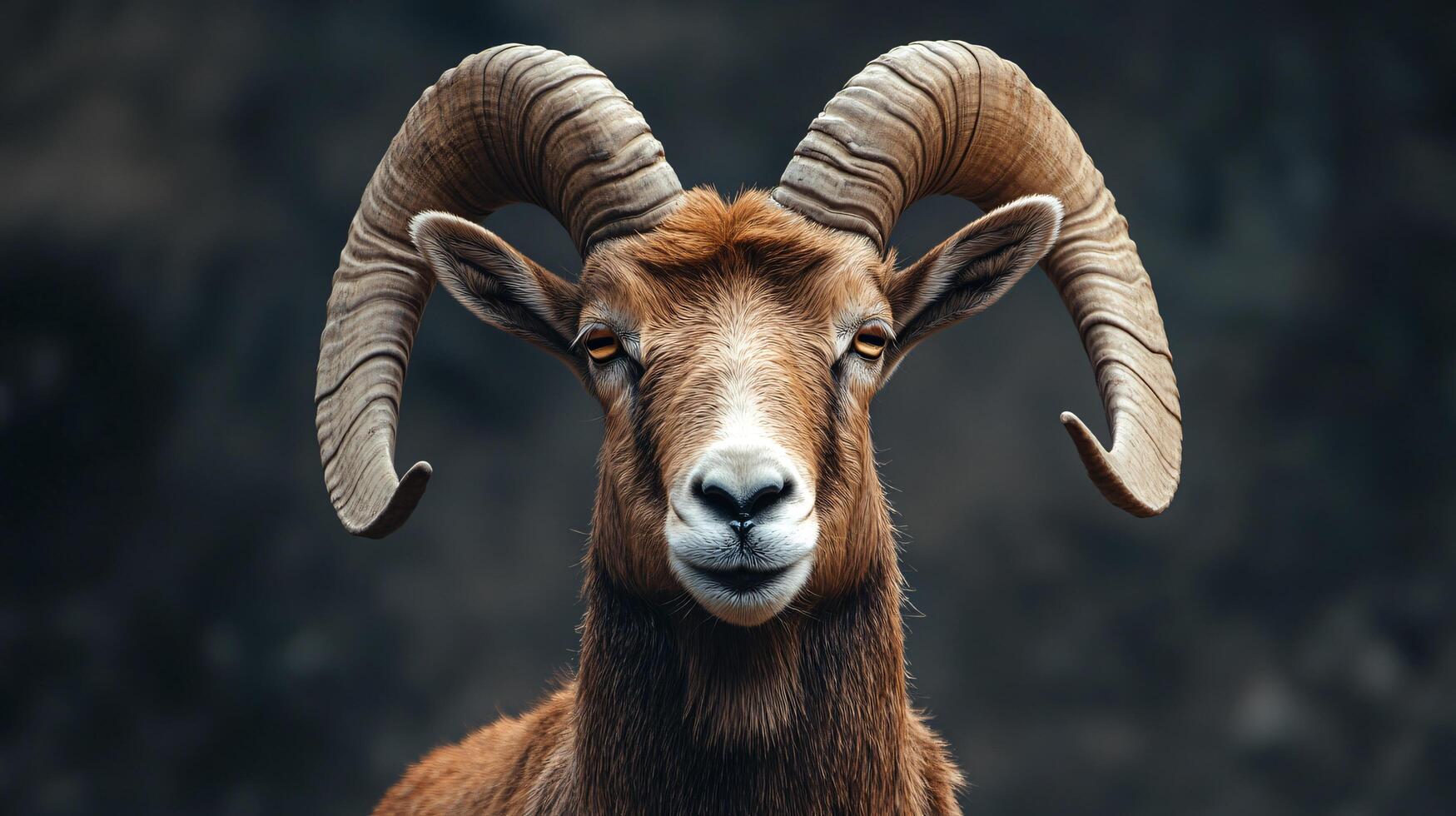 Head-on close-up of a ram with impressive curled horns photo